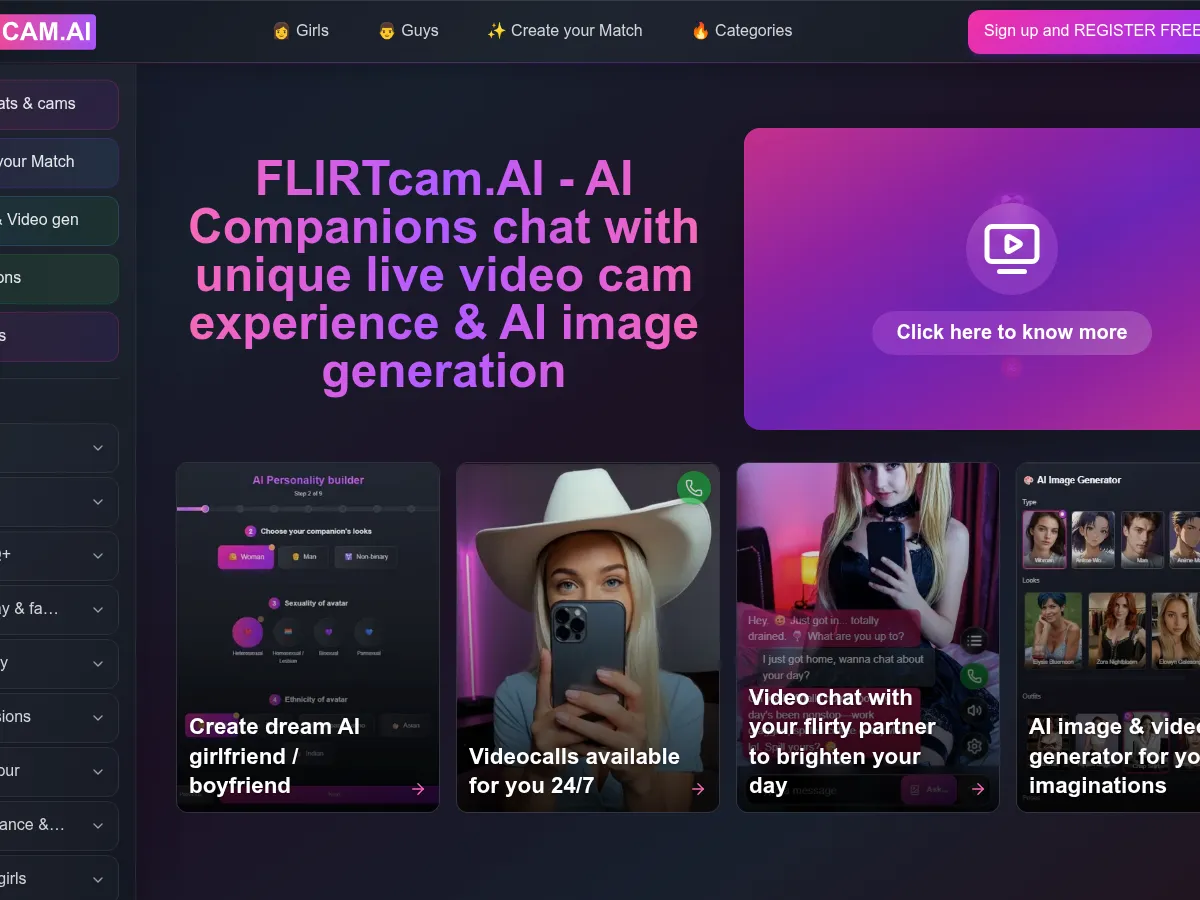 A heavily blurred, censored capture of the FlirtCam AI homepage — only soft shapes are visible, no explicit or readable content