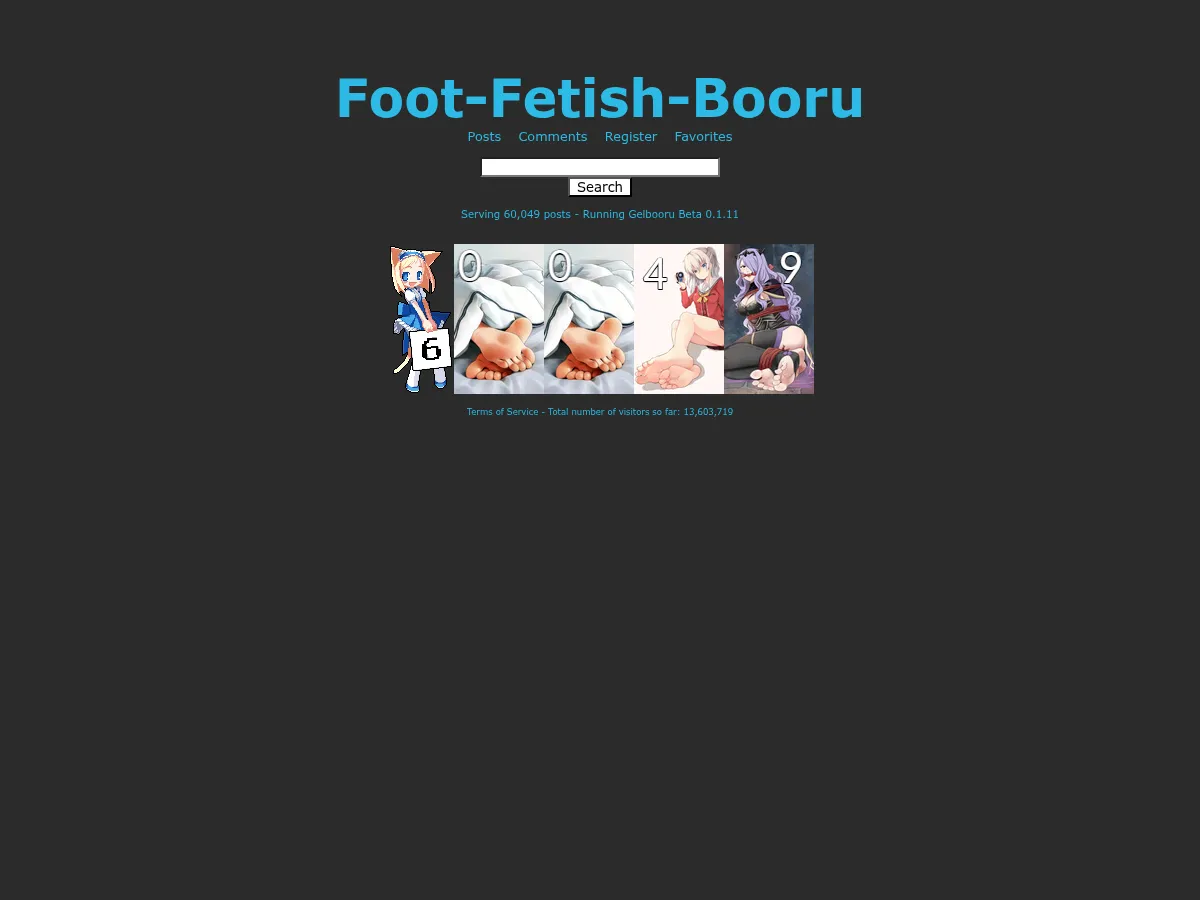 A heavily blurred, censored capture of the FootFetishBooru homepage — only soft shapes are visible, no explicit or readable content