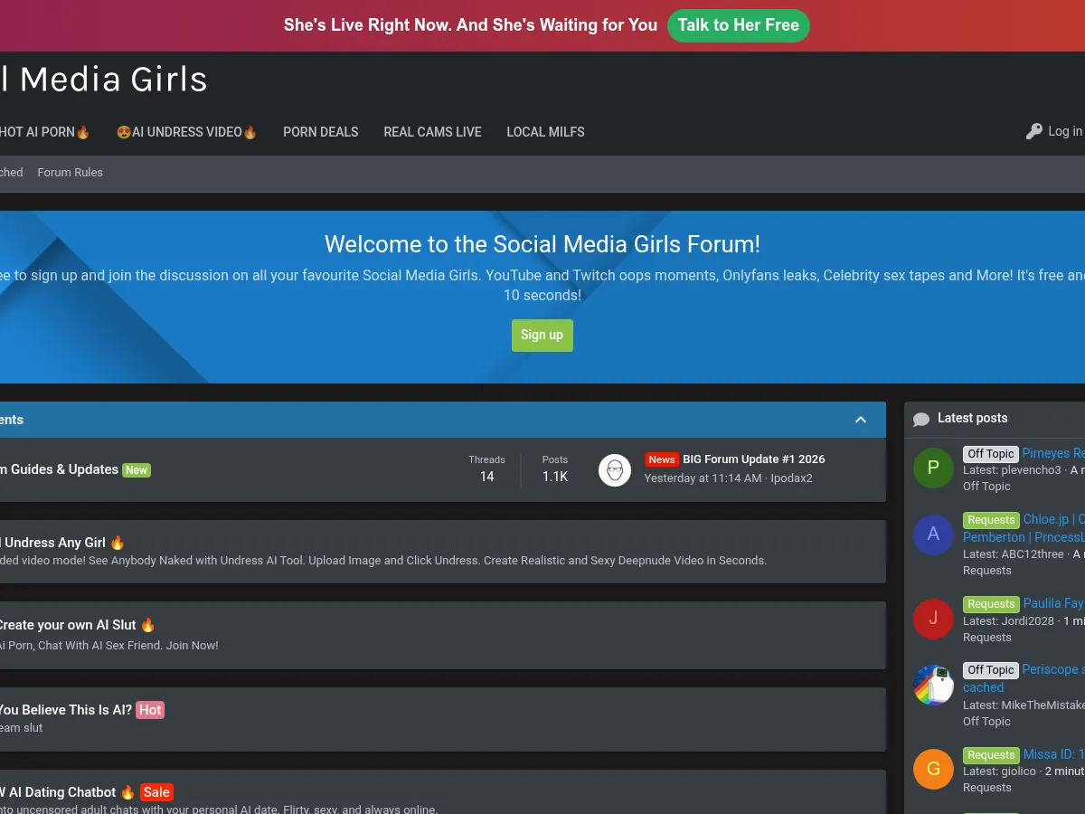 A heavily blurred, censored capture of the SocialMediaGirls Forum homepage — only soft shapes are visible, no explicit or readable content