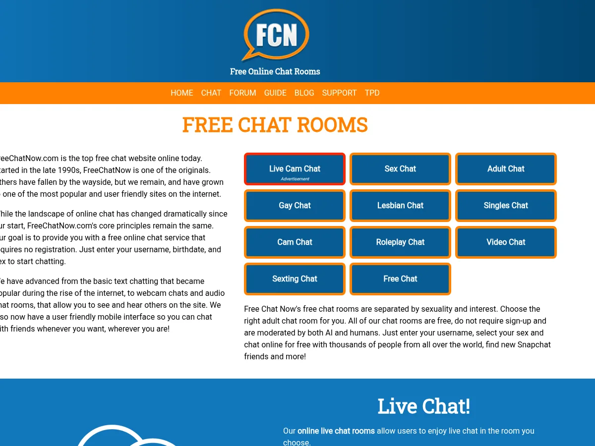 A heavily blurred, censored capture of the FreeChatNow homepage — only soft shapes are visible, no explicit or readable content