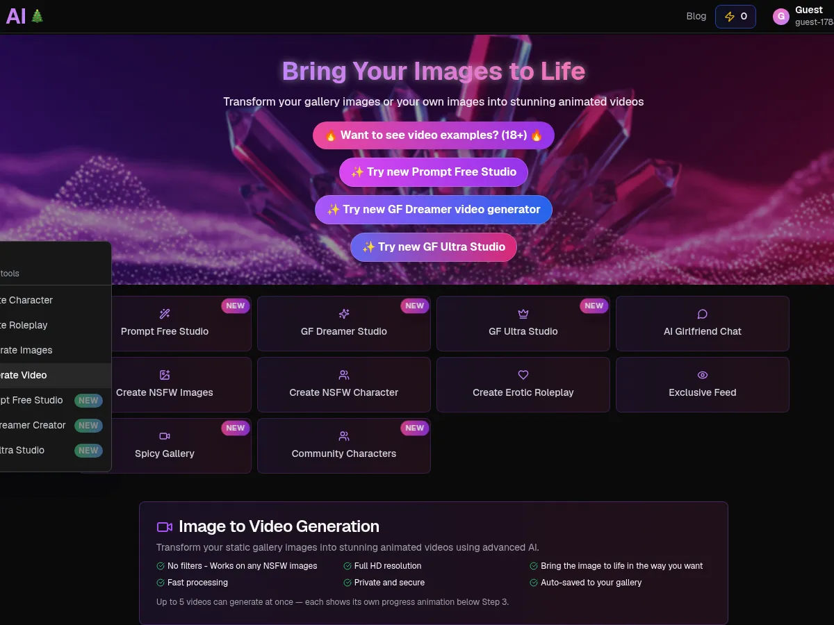 A heavily blurred, censored capture of the FreeGF AI homepage โ only soft shapes are visible, no explicit or readable content