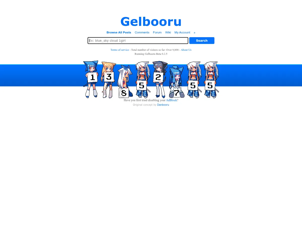 A heavily blurred, censored capture of the Gelbooru homepage — only soft shapes are visible, no explicit or readable content
