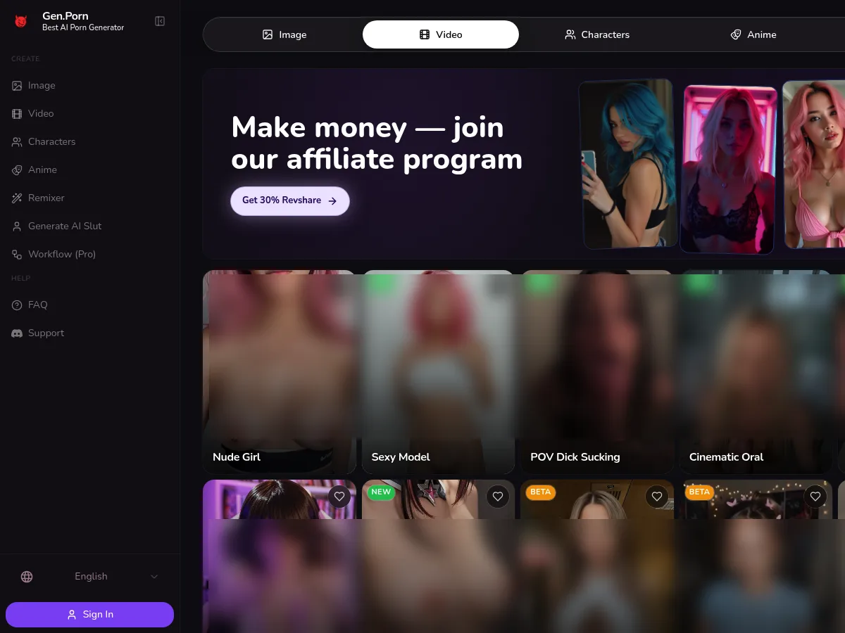 A heavily blurred, censored capture of the GenPorn homepage — only soft shapes are visible, no explicit or readable content