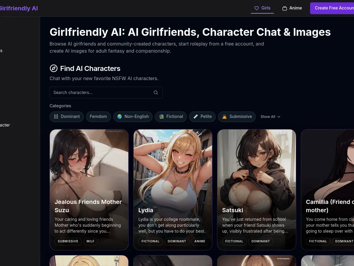 A heavily blurred, censored capture of the Girlfriendly AI homepage — only soft shapes are visible, no explicit or readable content