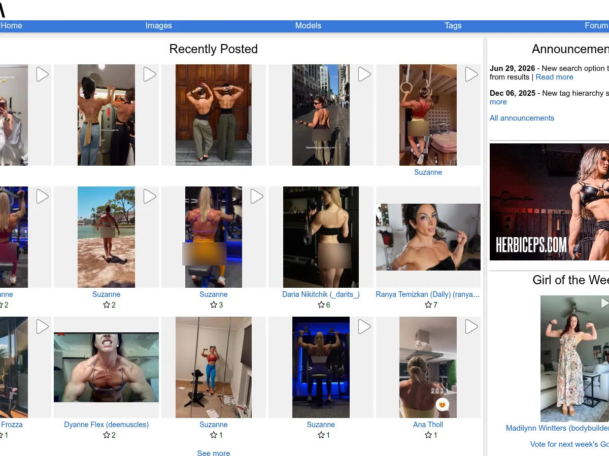 A heavily blurred, censored capture of the GirlsWithMuscle homepage — only soft shapes are visible, no explicit or readable content