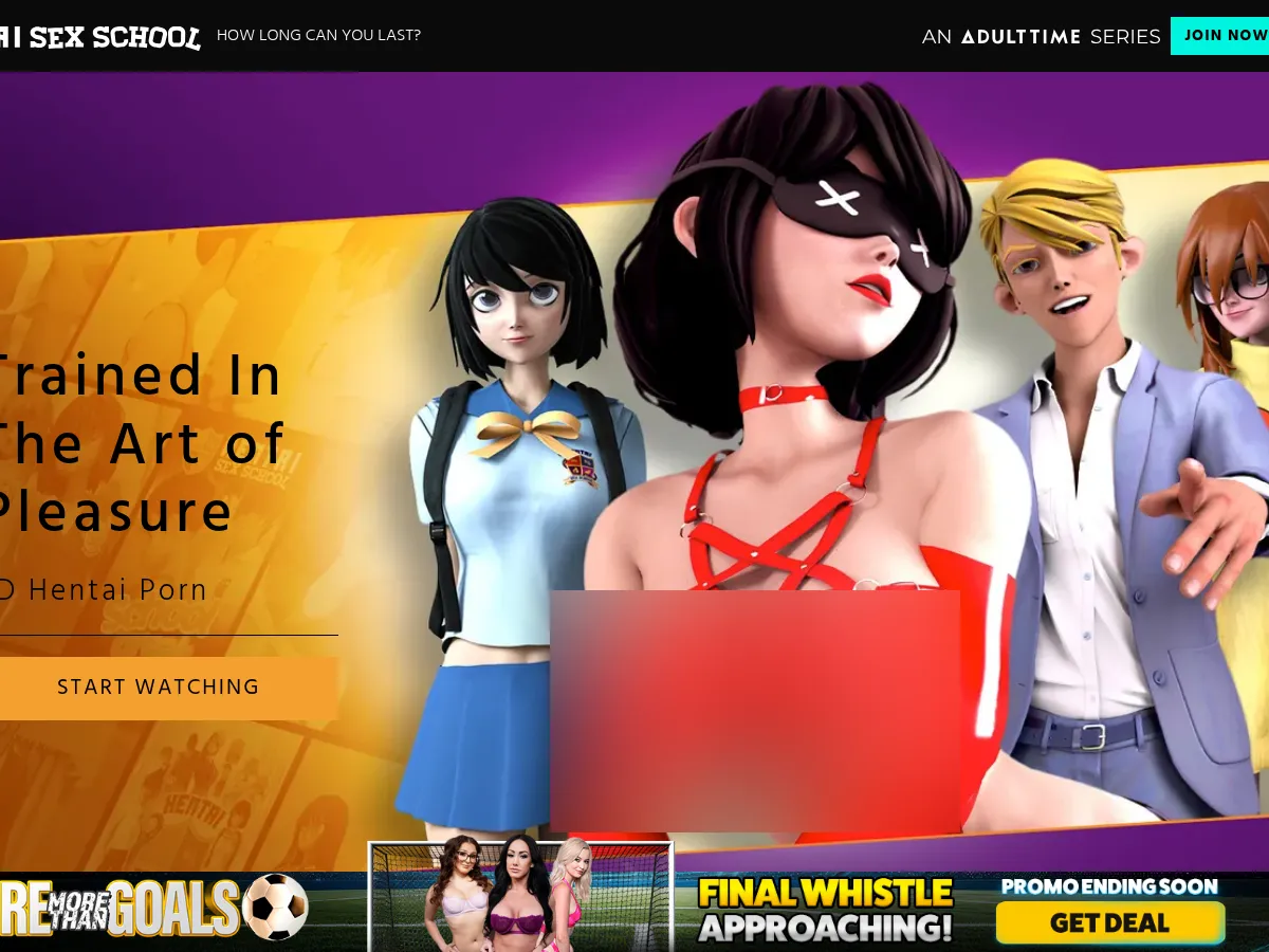 A heavily blurred, censored capture of the Hentai Sex School homepage โ only soft shapes are visible, no explicit or readable content