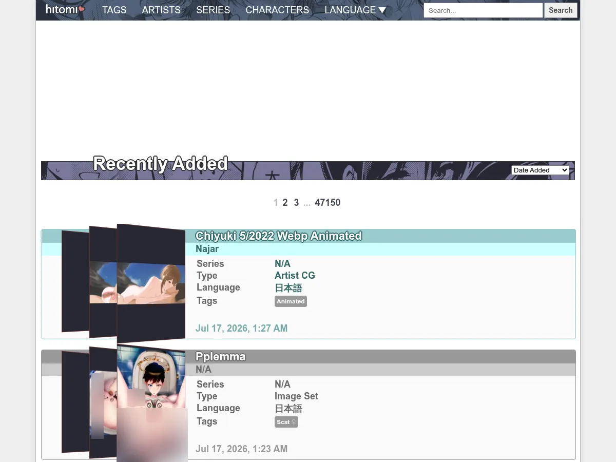A heavily blurred, censored capture of the Hitomi.la homepage — only soft shapes are visible, no explicit or readable content