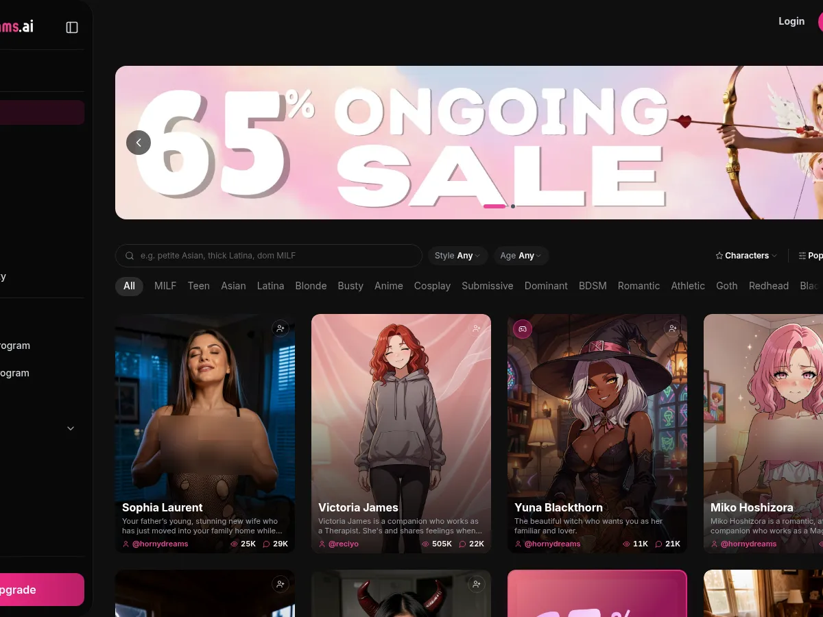 A heavily blurred, censored capture of the HornyDreams AI homepage — only soft shapes are visible, no explicit or readable content