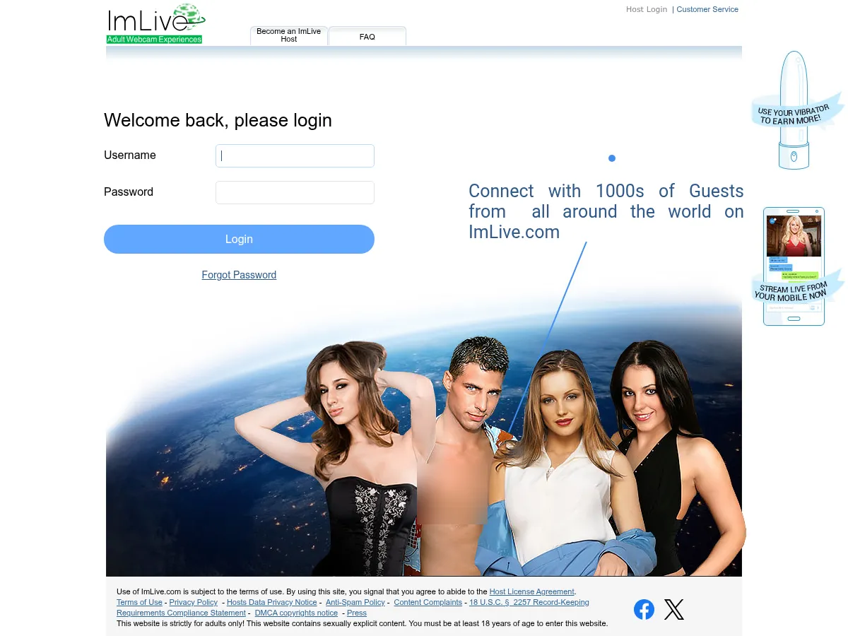 A heavily blurred, censored capture of the ImLive homepage — only soft shapes are visible, no explicit or readable content