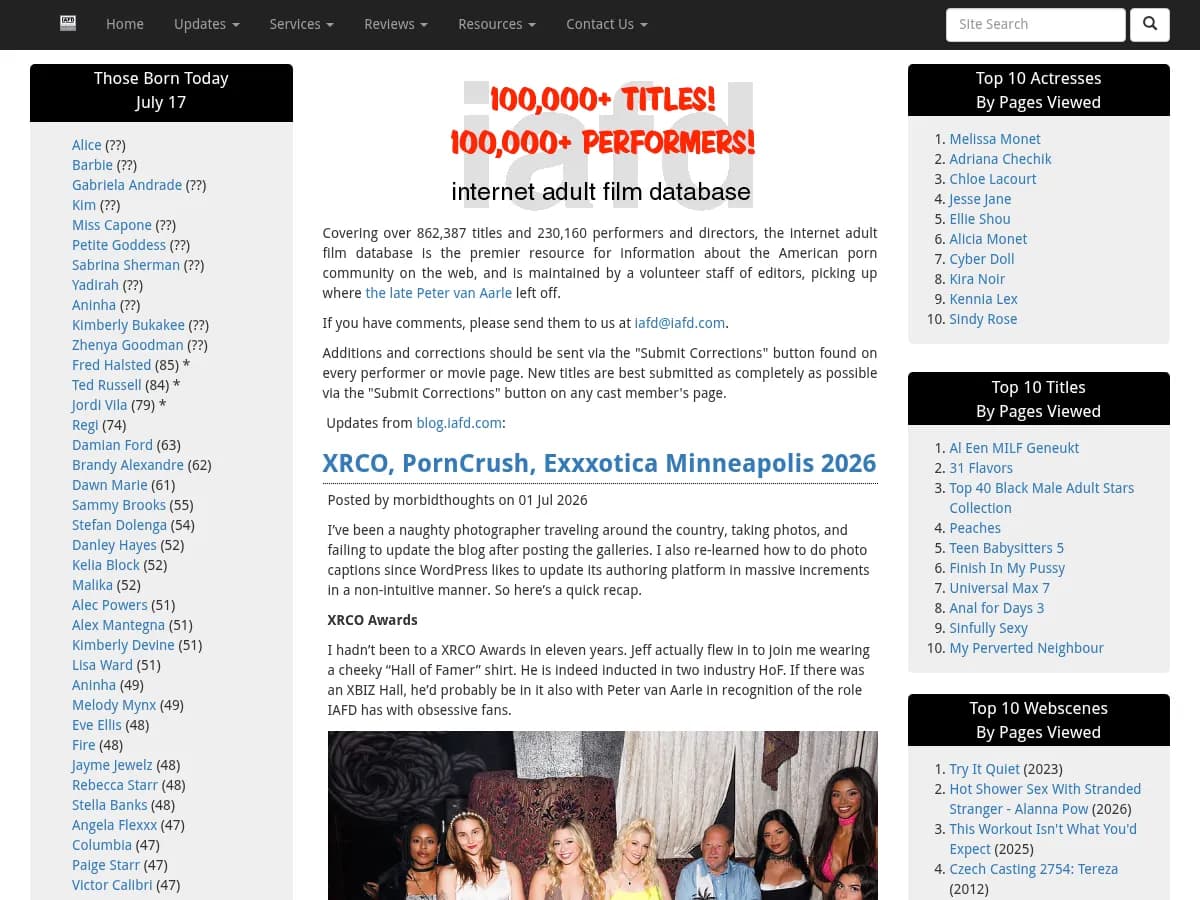 A heavily blurred, censored capture of the IAFD homepage โ only soft shapes are visible, no explicit or readable content