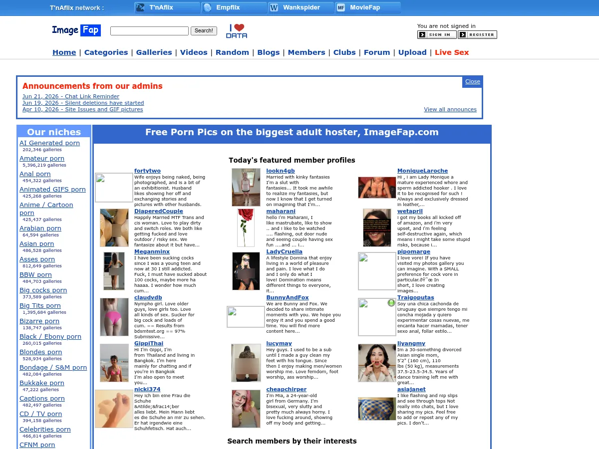 A heavily blurred, censored capture of the ImageFap homepage — only soft shapes are visible, no explicit or readable content