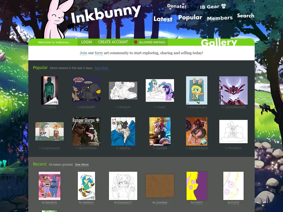 A heavily blurred, censored capture of the InkBunny homepage — only soft shapes are visible, no explicit or readable content