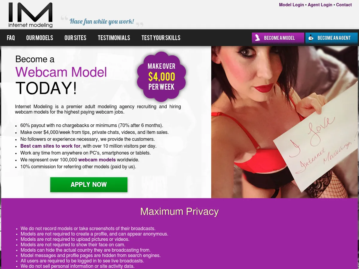 A heavily blurred, censored capture of the Internet Modeling homepage — only soft shapes are visible, no explicit or readable content