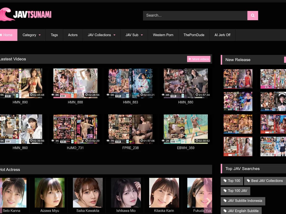 A heavily blurred, censored capture of the JAV Tsunami homepage โ only soft shapes are visible, no explicit or readable content