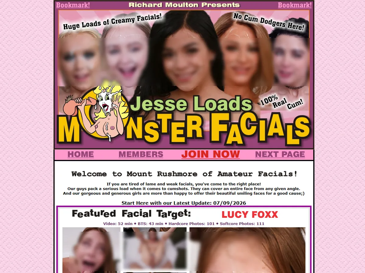 A heavily blurred, censored capture of the Jesse Loads Monster Facials homepage — only soft shapes are visible, no explicit or readable content