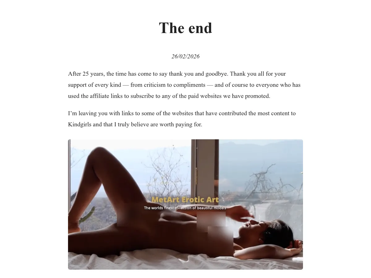 A heavily blurred, censored capture of the KindGirls homepage — only soft shapes are visible, no explicit or readable content