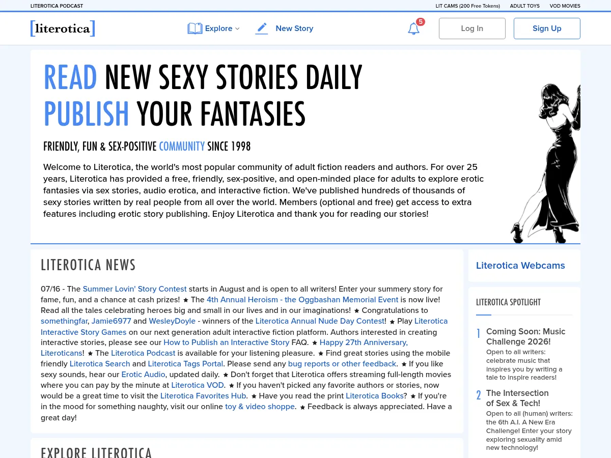 A heavily blurred, censored capture of the Literotica homepage — only soft shapes are visible, no explicit or readable content