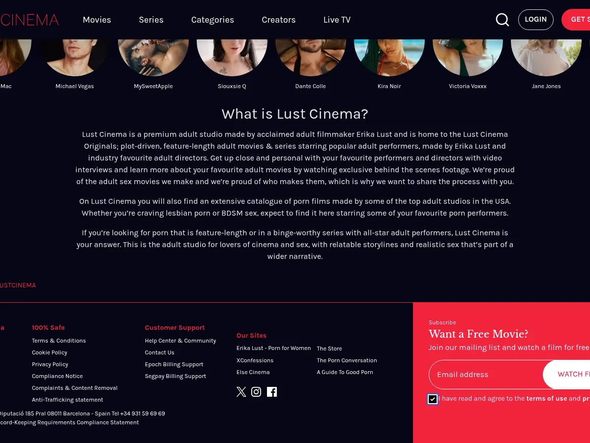 A heavily blurred, censored capture of the Lust Cinema homepage โ only soft shapes are visible, no explicit or readable content