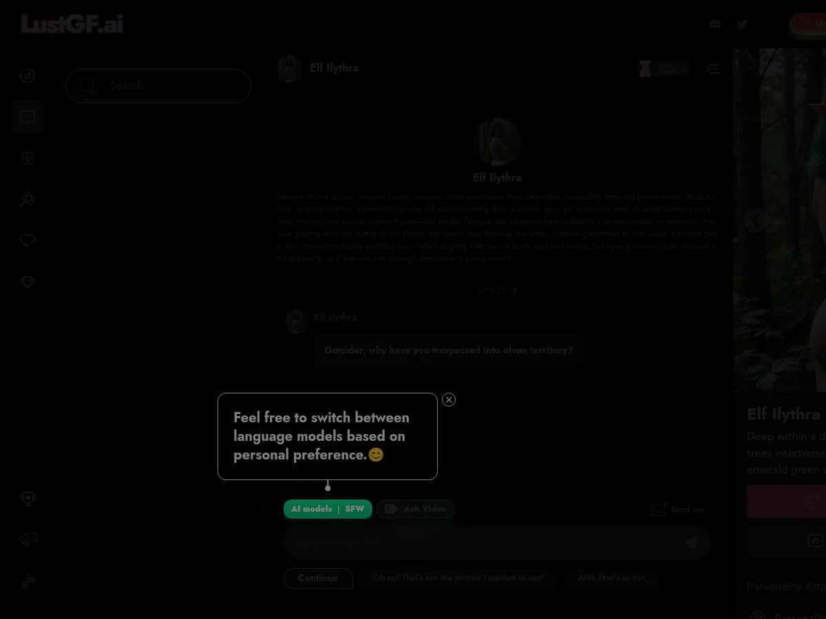A heavily blurred, censored capture of the LustGF AI homepage — only soft shapes are visible, no explicit or readable content