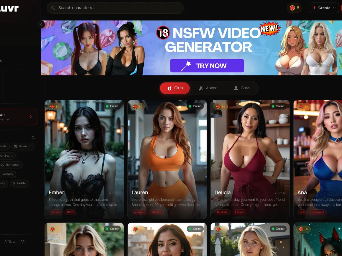 A heavily blurred, censored capture of the Luvr AI homepage — only soft shapes are visible, no explicit or readable content