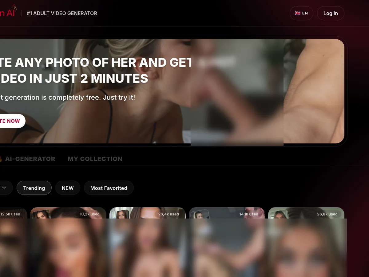 A heavily blurred, censored capture of the MakeHerPorn AI homepage — only soft shapes are visible, no explicit or readable content