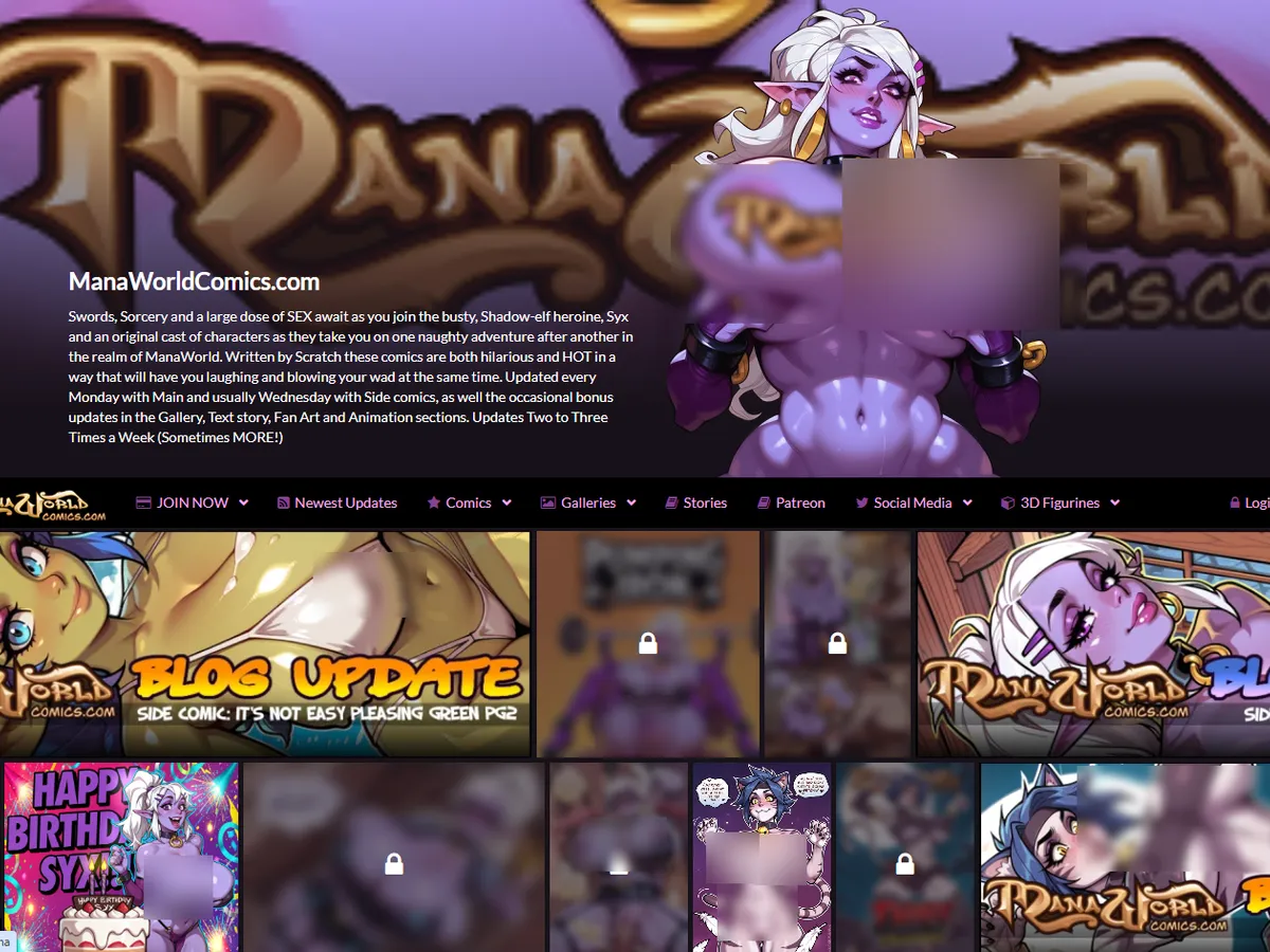 A heavily blurred, censored capture of the ManaWorld Comics homepage โ only soft shapes are visible, no explicit or readable content