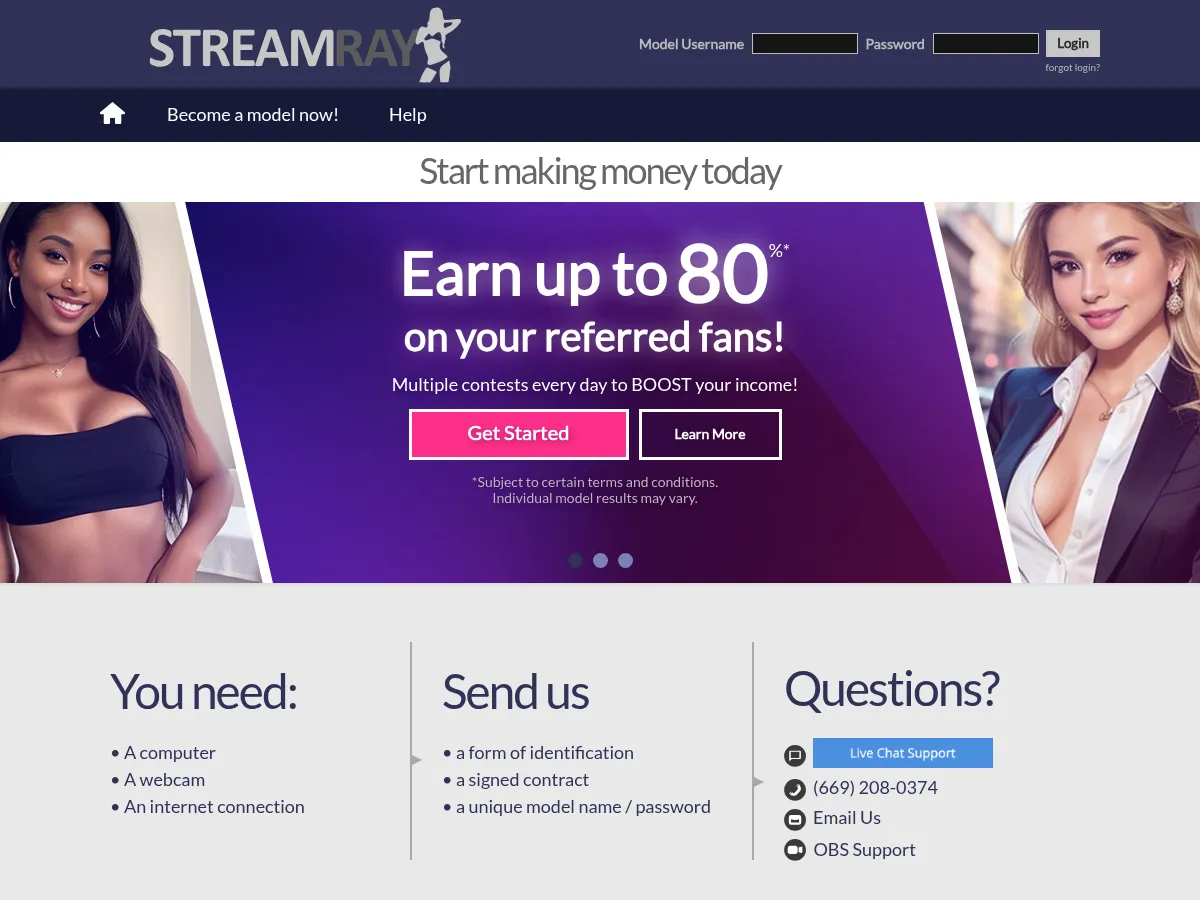 A heavily blurred, censored capture of the StreamRay (cams.com) homepage — only soft shapes are visible, no explicit or readable content