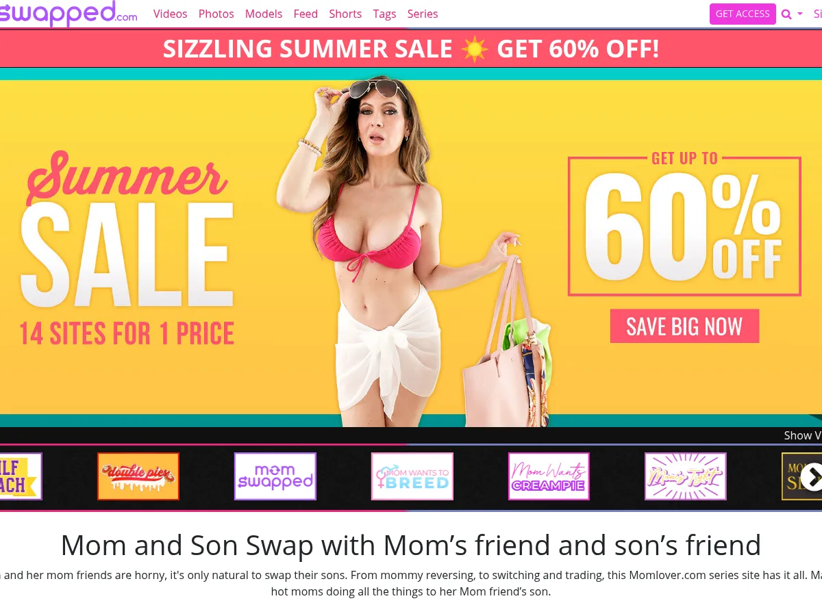 A heavily blurred, censored capture of the Mom Swapped homepage — only soft shapes are visible, no explicit or readable content