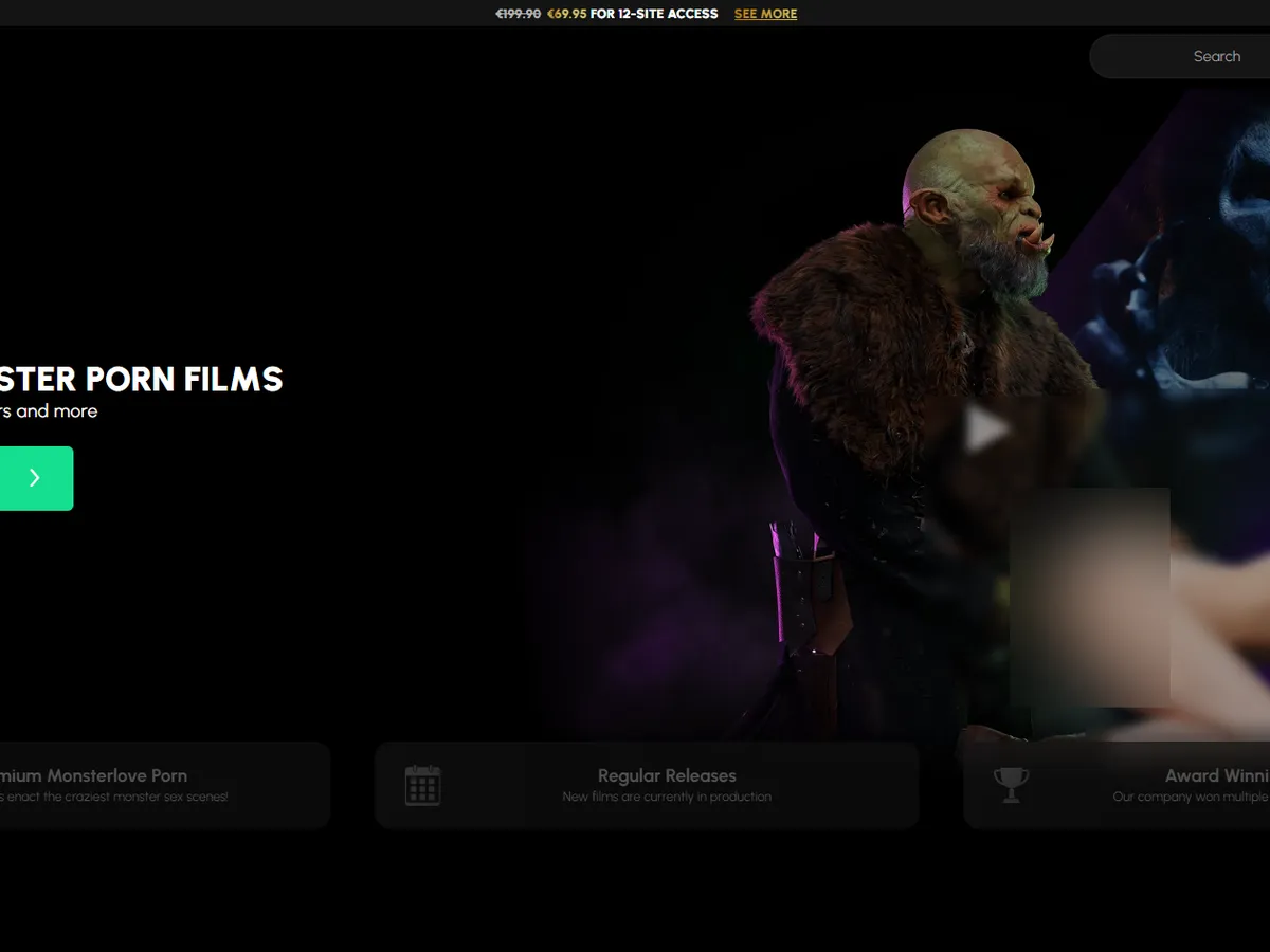 A heavily blurred, censored capture of the MonsterPorn homepage โ only soft shapes are visible, no explicit or readable content