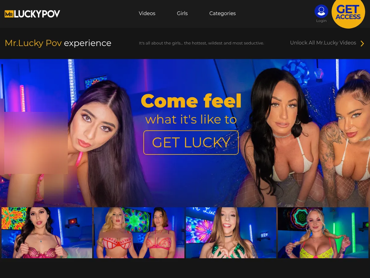 A heavily blurred, censored capture of the MrLuckyPOV homepage โ only soft shapes are visible, no explicit or readable content