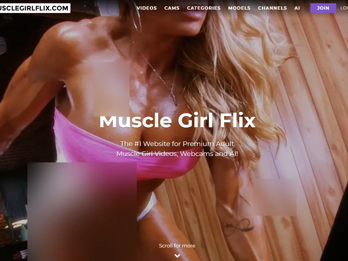 A heavily blurred, censored capture of the MuscleGirlFlix homepage โ only soft shapes are visible, no explicit or readable content
