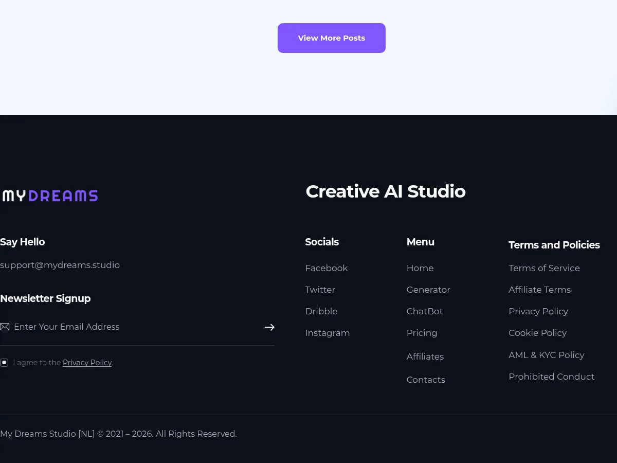 A heavily blurred, censored capture of the My Dreams Studio homepage — only soft shapes are visible, no explicit or readable content