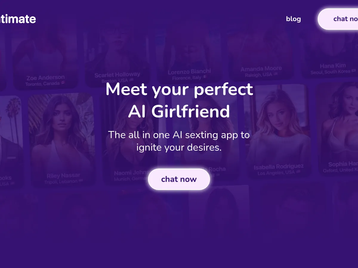 A heavily blurred, censored capture of the Intimate AI homepage — only soft shapes are visible, no explicit or readable content