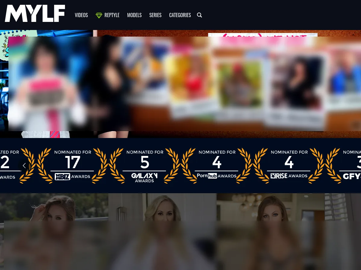 A heavily blurred, censored capture of the MYLF homepage โ only soft shapes are visible, no explicit or readable content