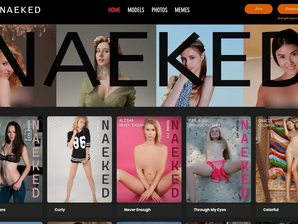 A heavily blurred, censored capture of the Naeked homepage — only soft shapes are visible, no explicit or readable content