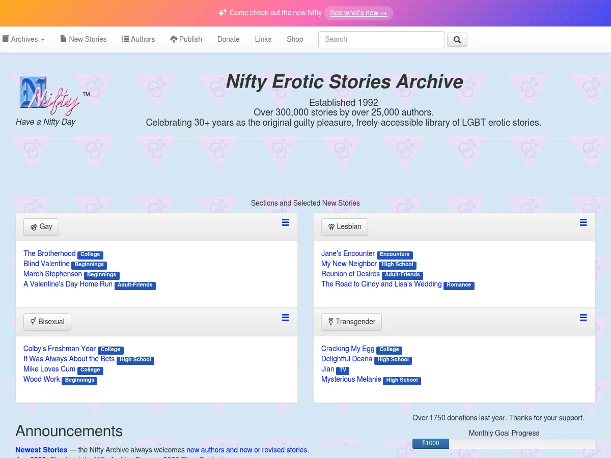 A heavily blurred, censored capture of the Nifty Stories homepage โ only soft shapes are visible, no explicit or readable content