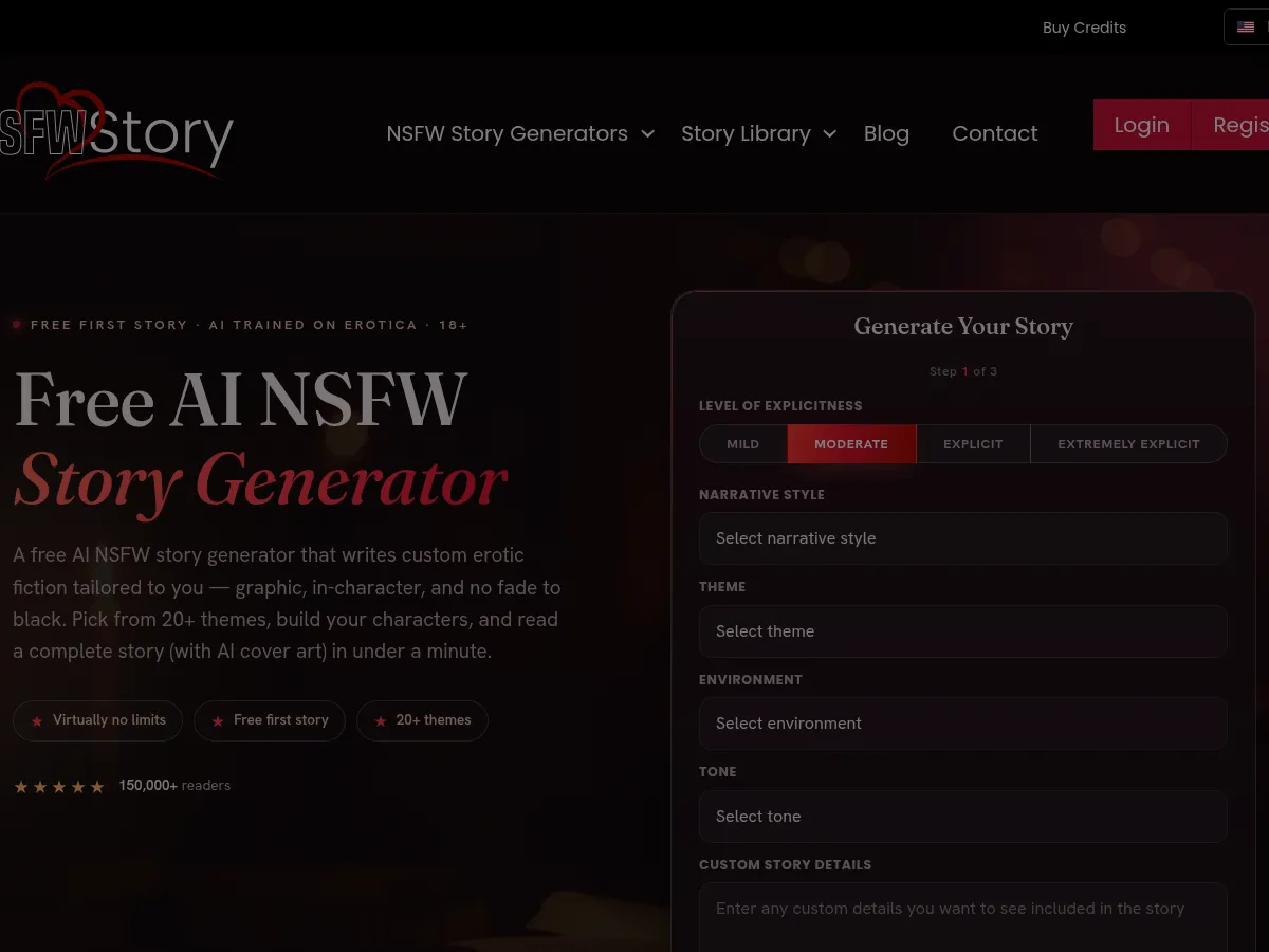 A heavily blurred, censored capture of the NSFWStory homepage — only soft shapes are visible, no explicit or readable content