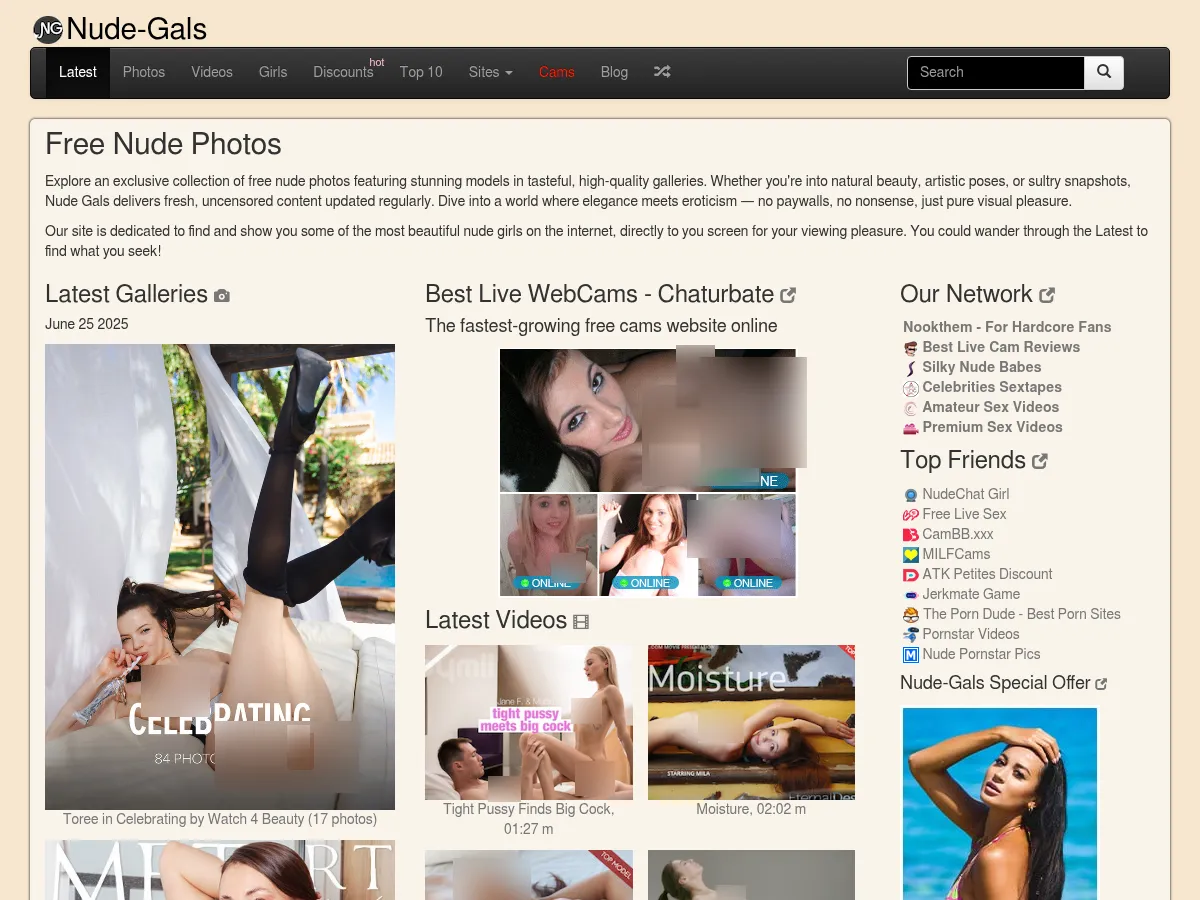A heavily blurred, censored capture of the Nude Gals homepage — only soft shapes are visible, no explicit or readable content