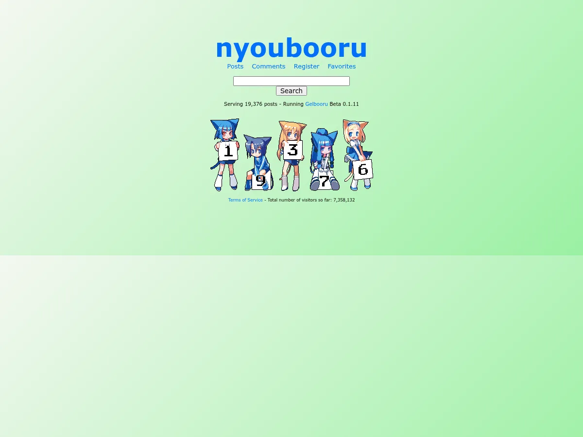 A heavily blurred, censored capture of the NyouBooru homepage — only soft shapes are visible, no explicit or readable content