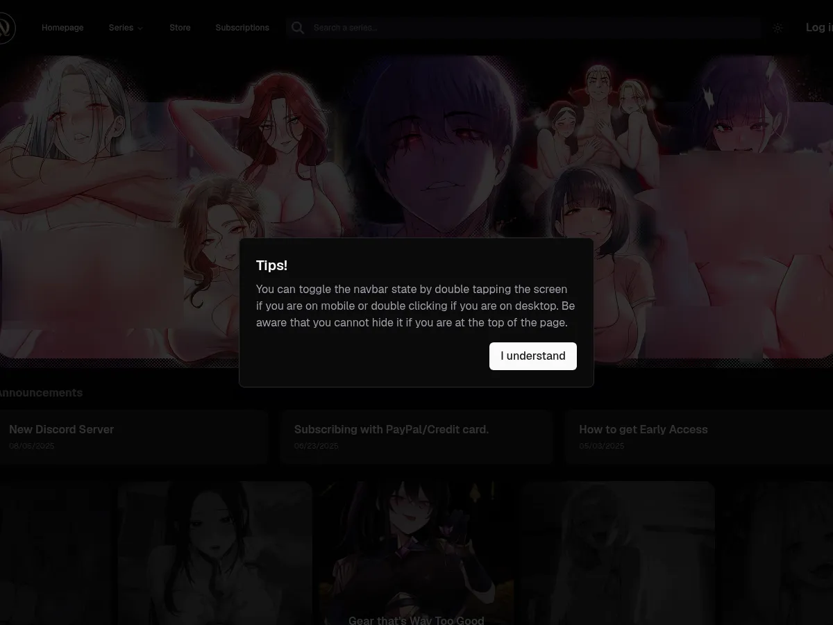 A heavily blurred, censored capture of the OmegaScans homepage โ only soft shapes are visible, no explicit or readable content