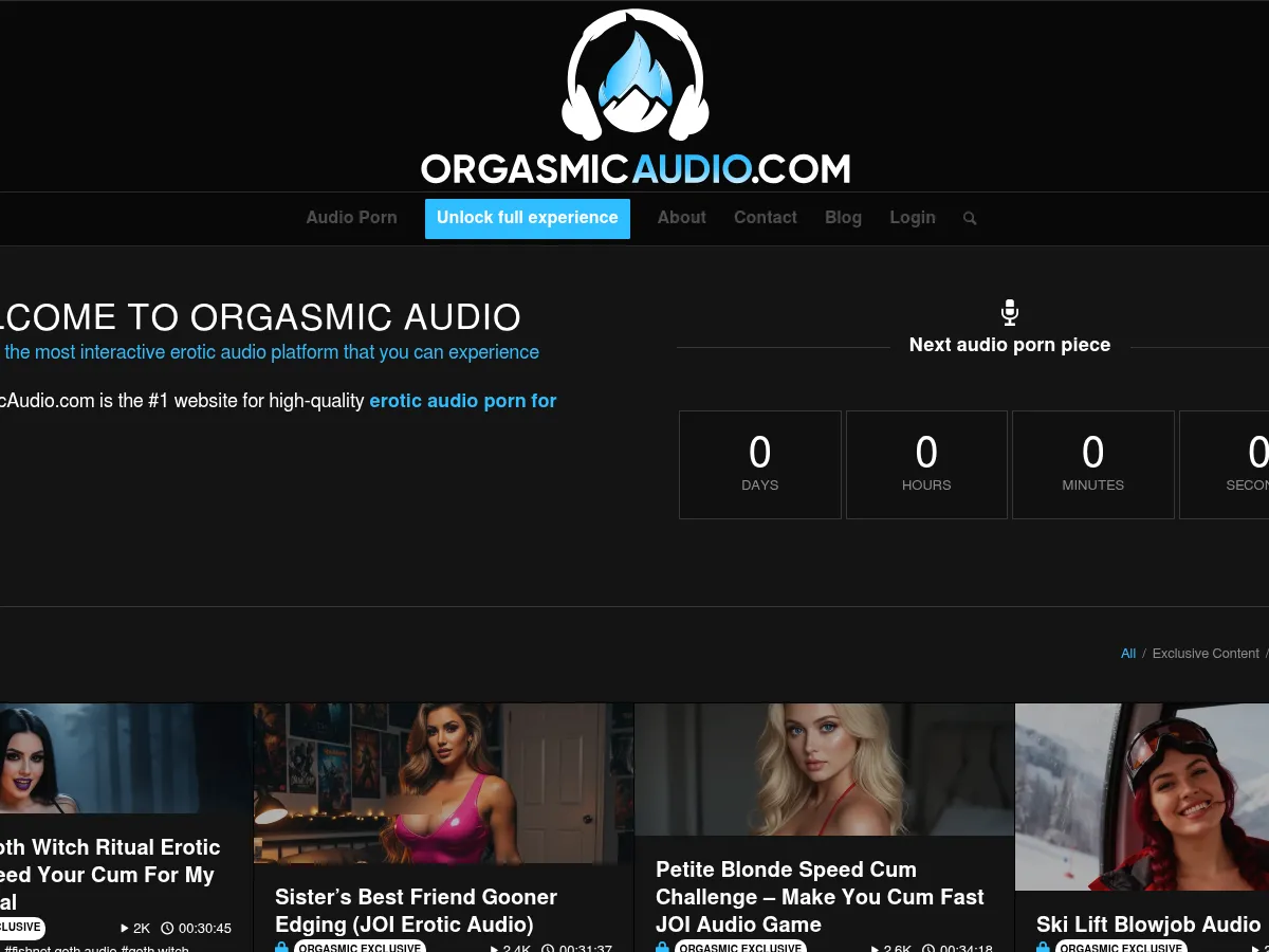 A heavily blurred, censored capture of the Orgasmic Audio homepage — only soft shapes are visible, no explicit or readable content