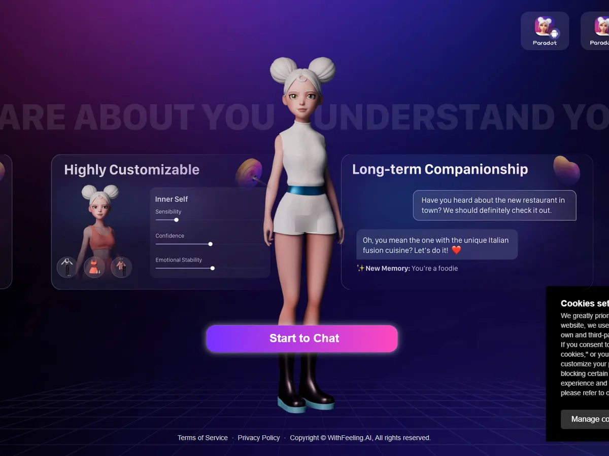 A heavily blurred, censored capture of the Paradot AI homepage — only soft shapes are visible, no explicit or readable content