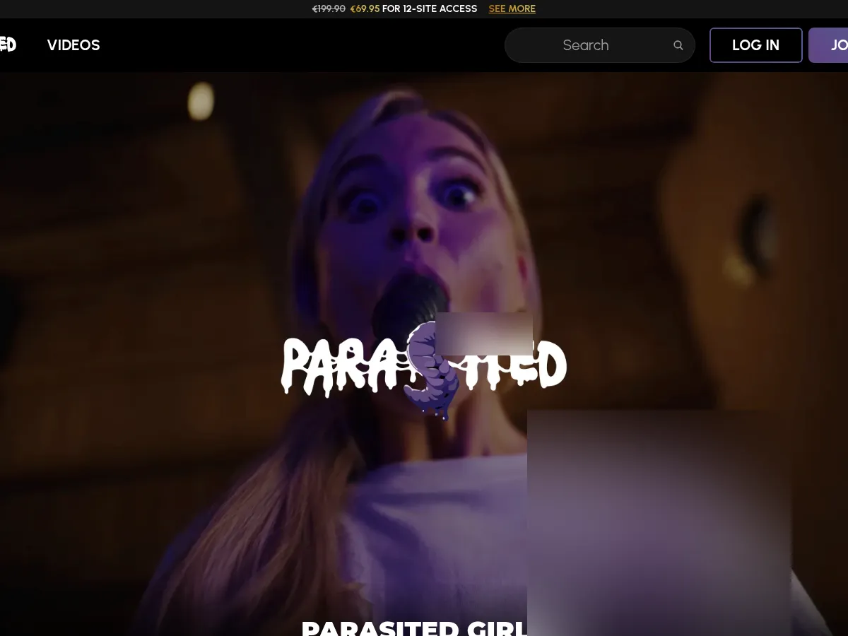 A heavily blurred, censored capture of the Parasited homepage — only soft shapes are visible, no explicit or readable content