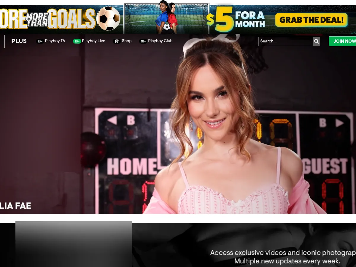A heavily blurred, censored capture of the Playboy Plus homepage — only soft shapes are visible, no explicit or readable content