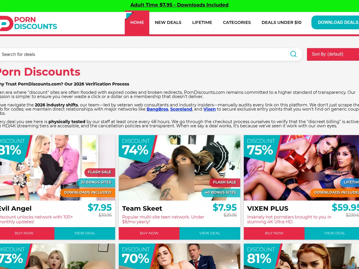A heavily blurred, censored capture of the Porn Discounts homepage — only soft shapes are visible, no explicit or readable content