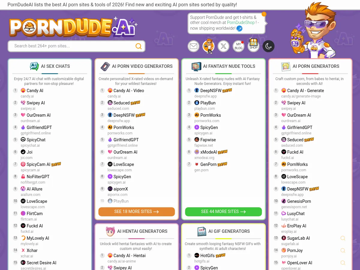 A heavily blurred, censored capture of the PornDude AI homepage — only soft shapes are visible, no explicit or readable content