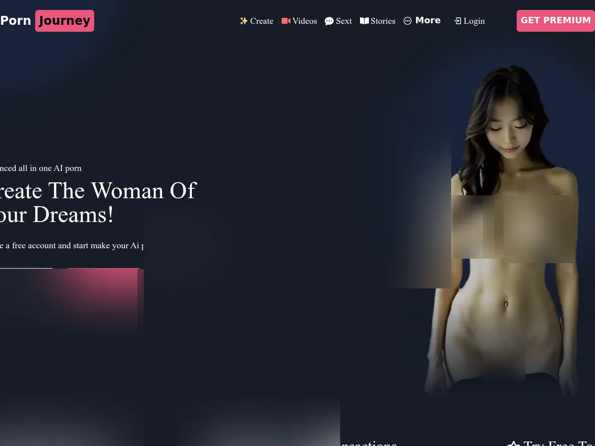 A heavily blurred, censored capture of the PornJourney homepage — only soft shapes are visible, no explicit or readable content