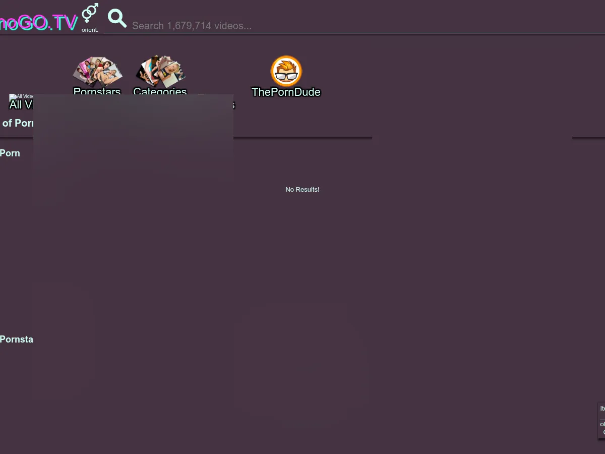 A heavily blurred, censored capture of the PornoGO homepage — only soft shapes are visible, no explicit or readable content