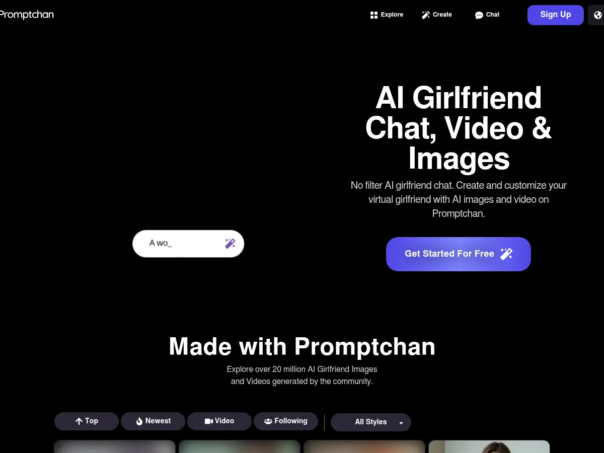 A heavily blurred, censored capture of the PromptChan Hentai homepage — only soft shapes are visible, no explicit or readable content
