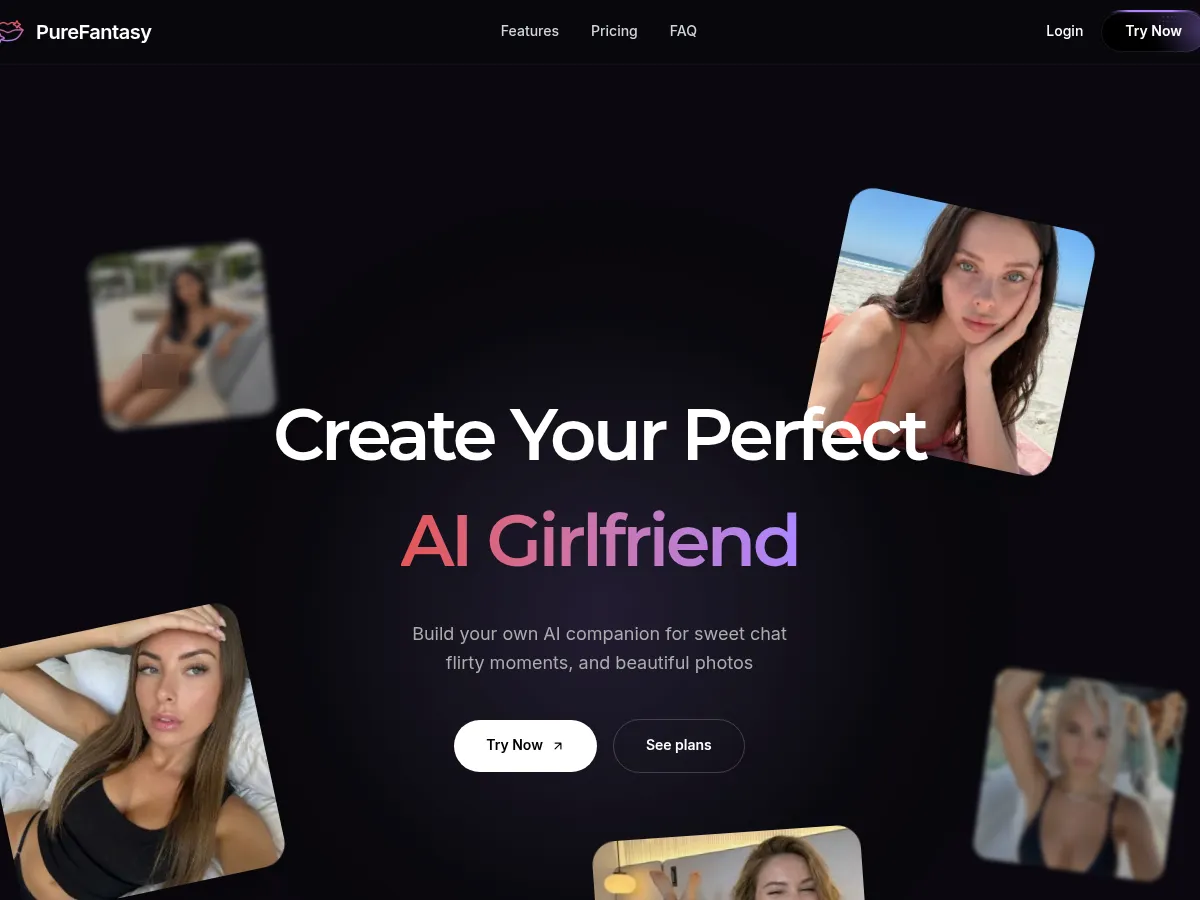 A heavily blurred, censored capture of the PureFantasy homepage — only soft shapes are visible, no explicit or readable content